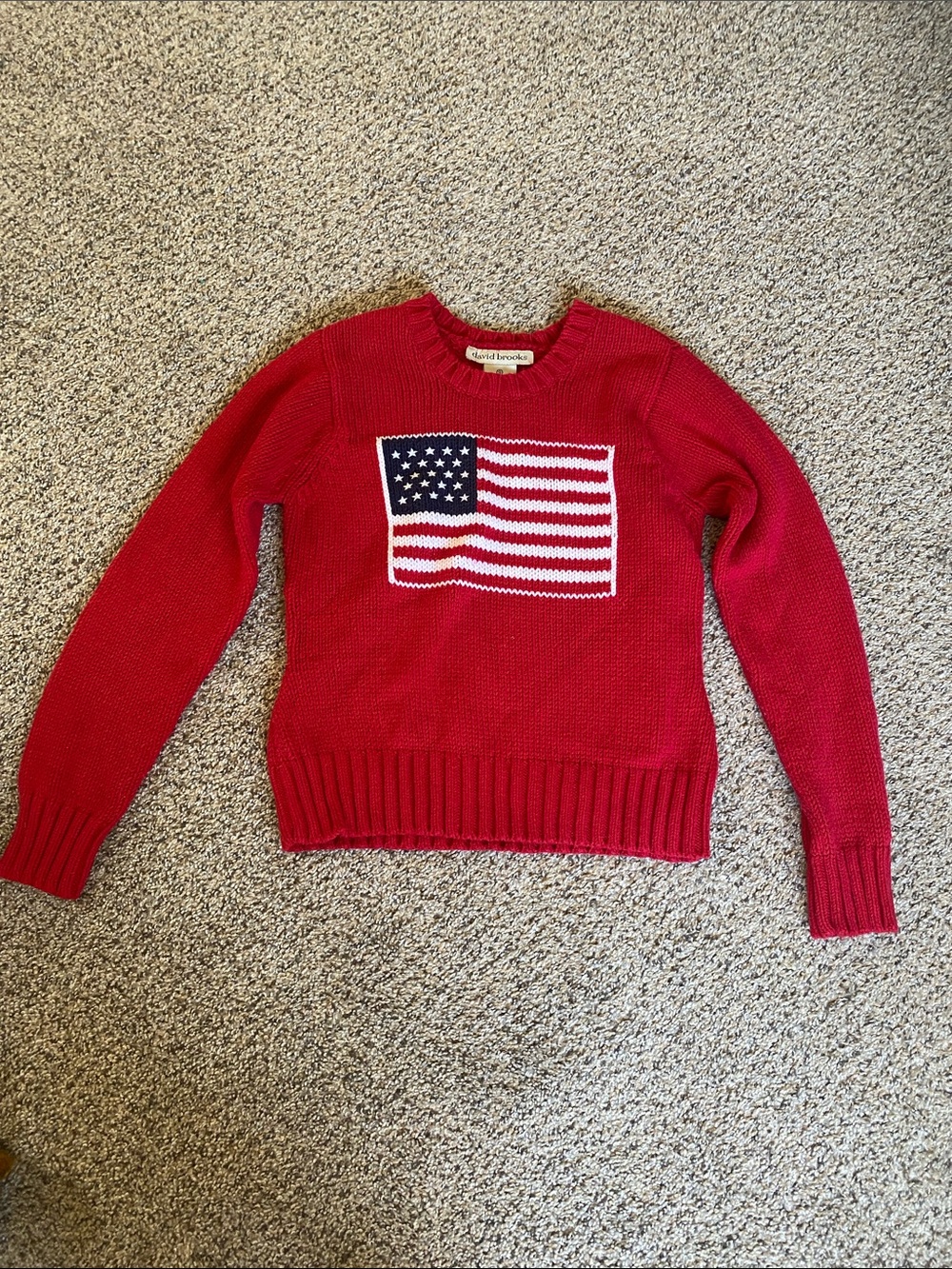 David Brooks Red Crewneck Sweater with Flag Intarsia